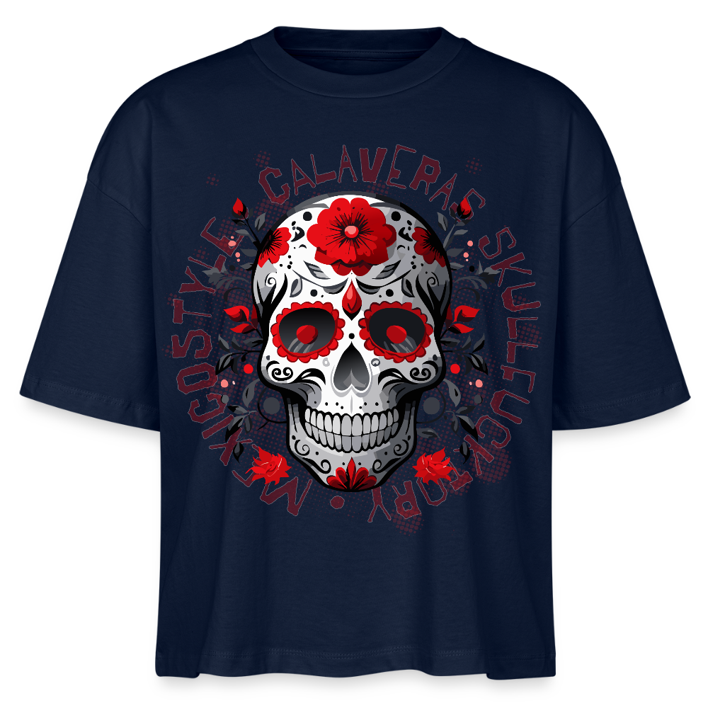 Frauen Boxy Bio-T-Shirt mit CALAVERAS SKULL PRINT - Navy