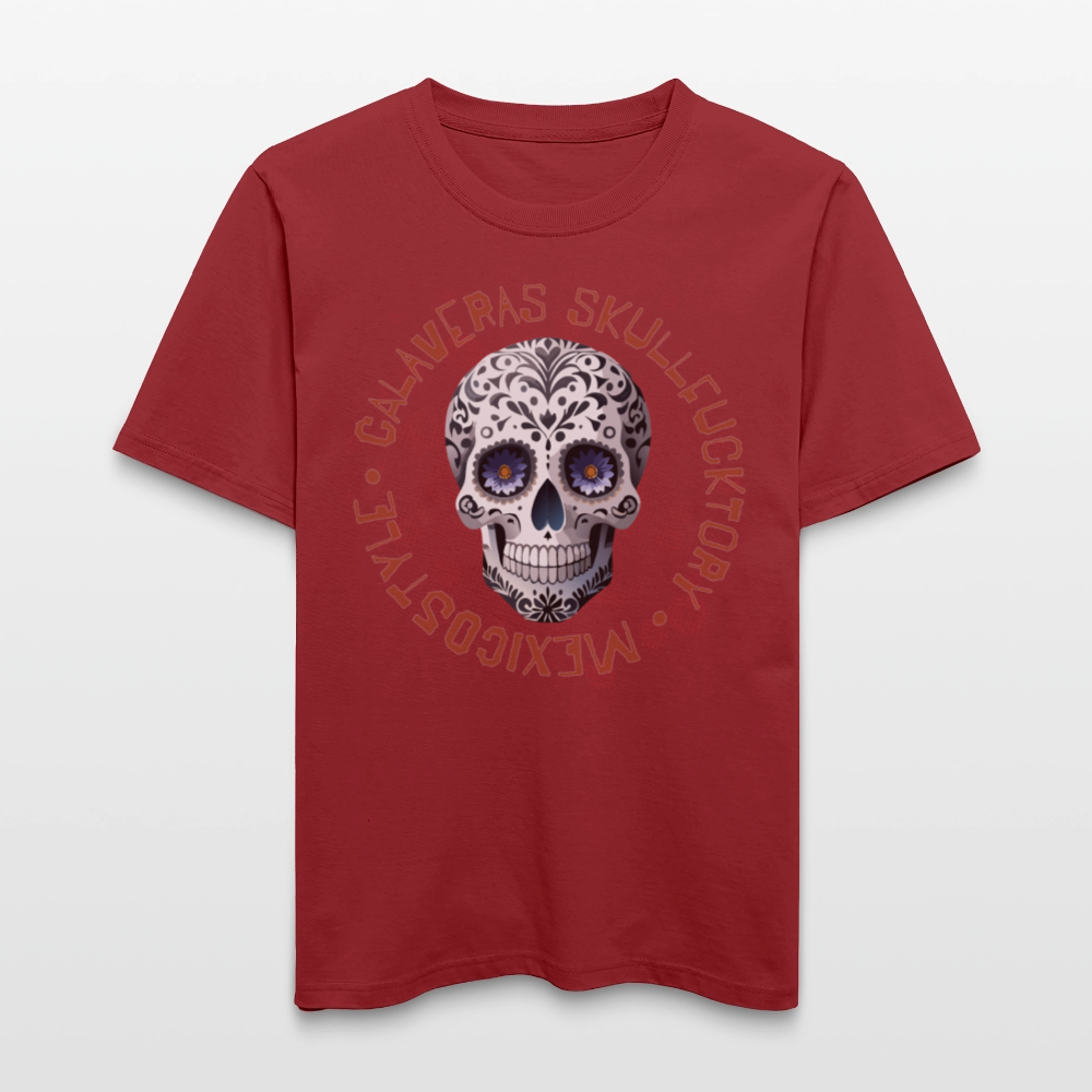 Relaxed Fit Unisex Bio-T-Shirt mit CALAVERAS SKULL PRINT Vorderseite - Erdrot