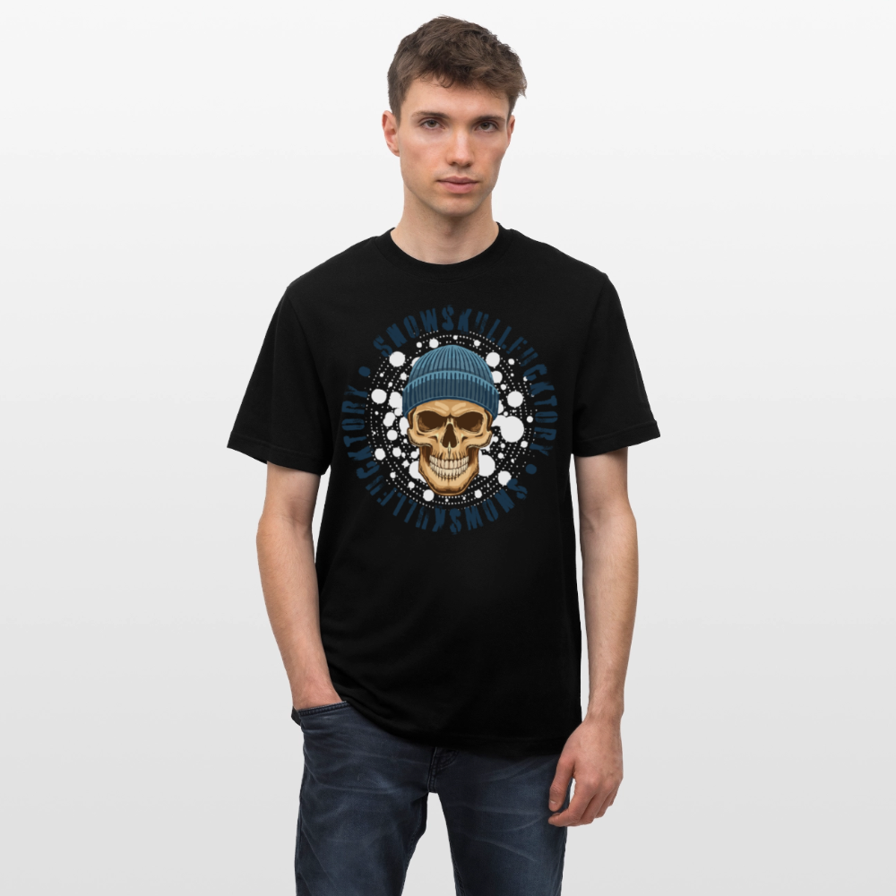 Relaxed Fit Unisex Bio-T-Shirt mit SNOWSKULL FUCKTORY PRINT Vorderseite - Schwarz