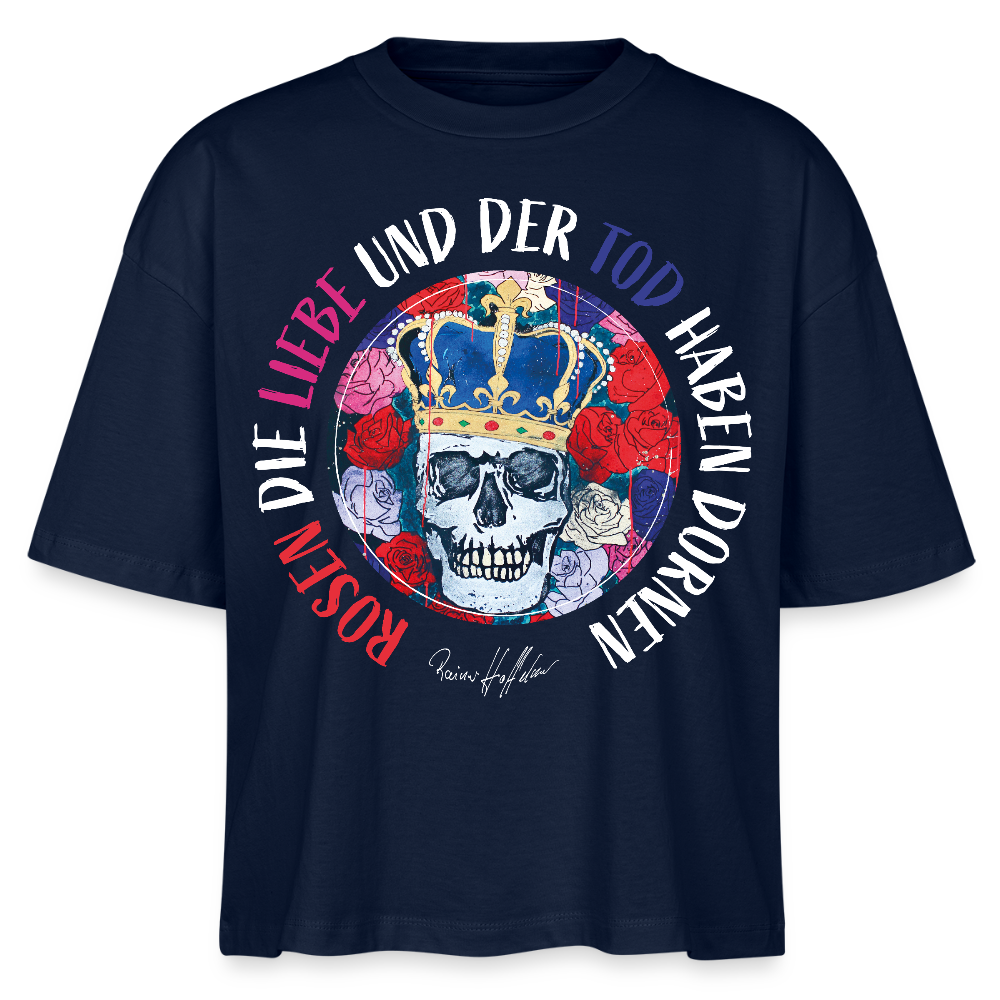 Frauen Boxy Bio-T-Shirt mit ROSEN DIE LIEBE UND DER TOD HABEN DORNEN PRINT - Navy