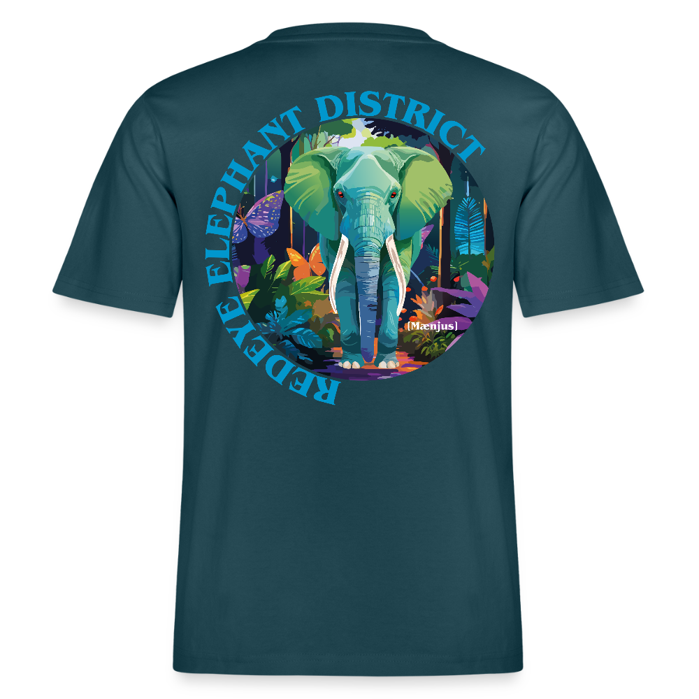 Relaxed Fit Unisex Bio-T-Shirt mit REDEYE ELEPHANT DISTRICT PRINT Vorder- und Rückseite - Dunkles Petrol