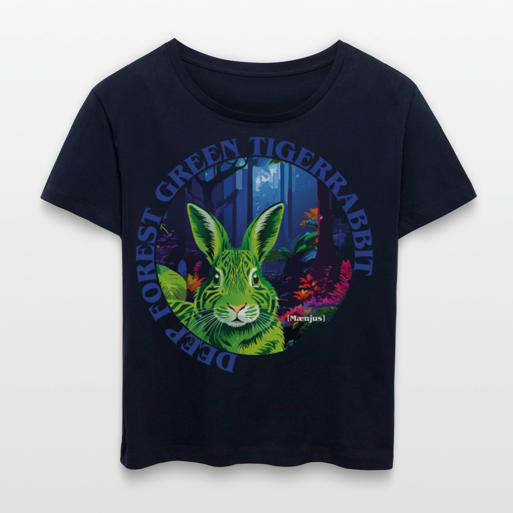 Relaxed Rundhals Frauen Bio-T-Shirt mit DEEP FOREST GREEN TIGERRABBIT PRINT Vorderseite - Navy