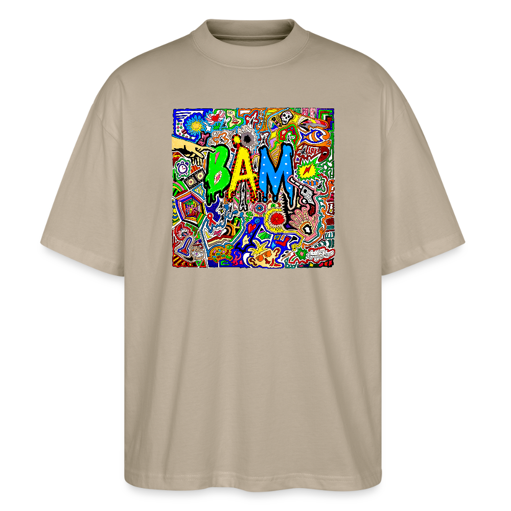 Oversized Unisex Bio T-Shirt mit BÄM PRINT Vorderseite - Steingrau
