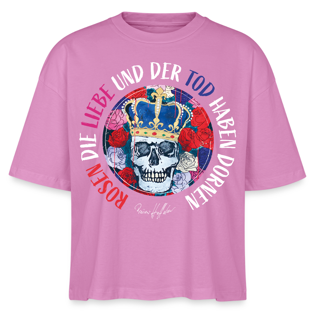 Frauen Boxy Bio-T-Shirt mit ROSEN DIE LIEBE UND DER TOD HABEN DORNEN PRINT - Pink