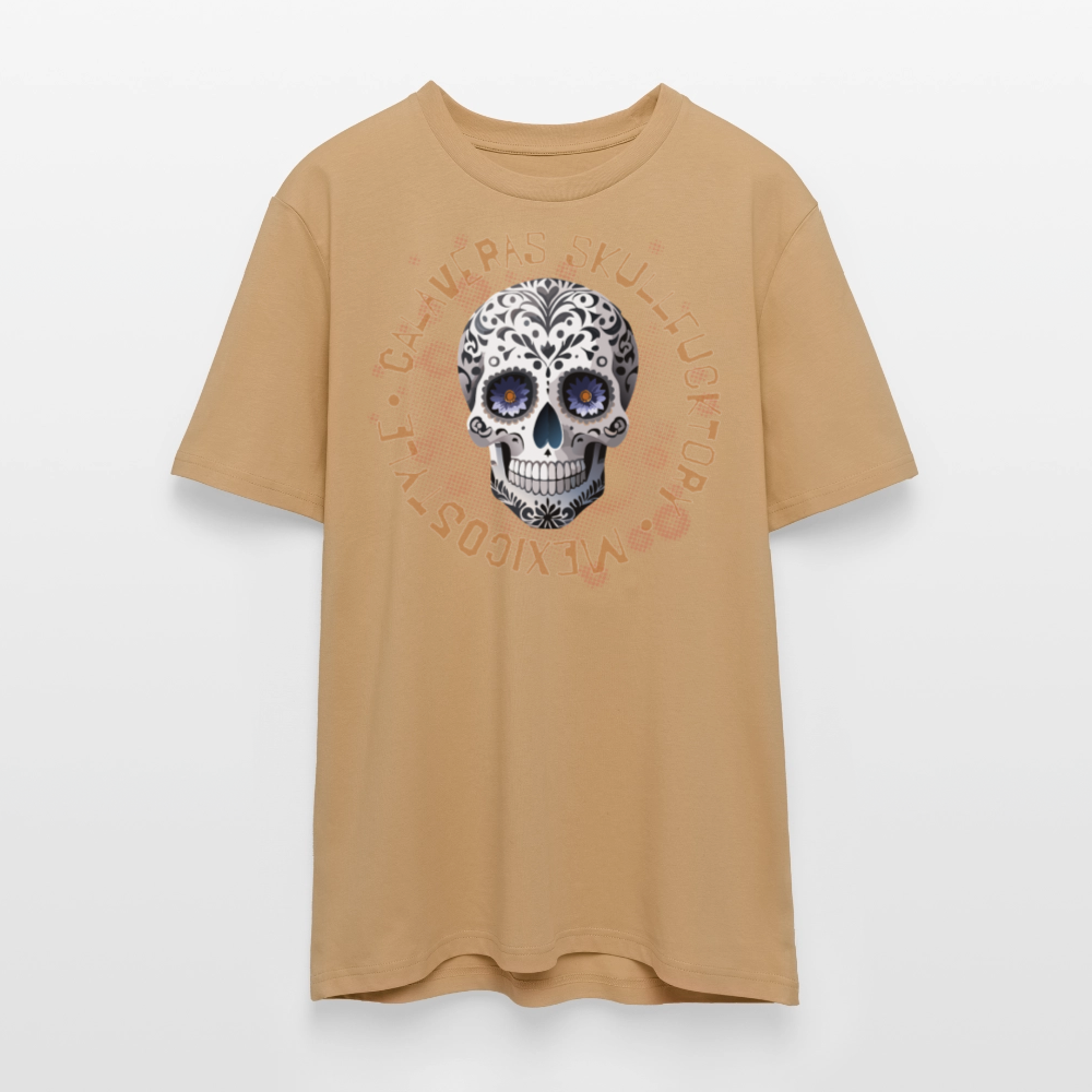 Unisex Bio-T-Shirt mit CALAVERAS SKULL PRINT Vorderseite - Karamell