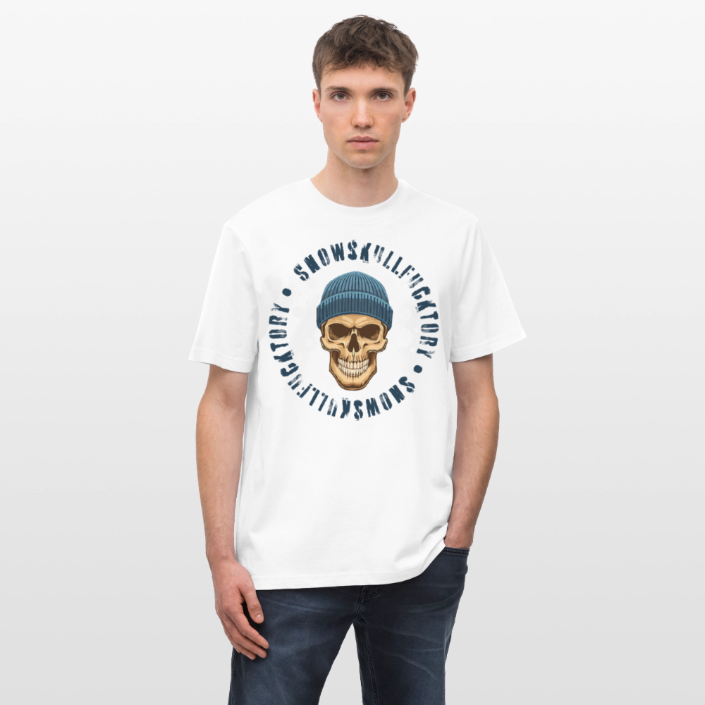 Relaxed Fit Unisex Bio-T-Shirt mit SNOWSKULL FUCKTORY PRINT Vorderseite - Weiß