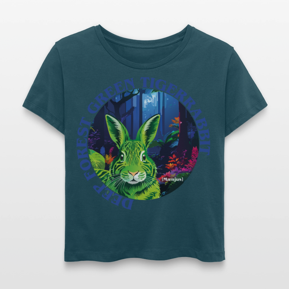 Relaxed Rundhals Frauen Bio-T-Shirt mit DEEP FOREST GREEN TIGERRABBIT PRINT Vorderseite - Dunkles Petrol