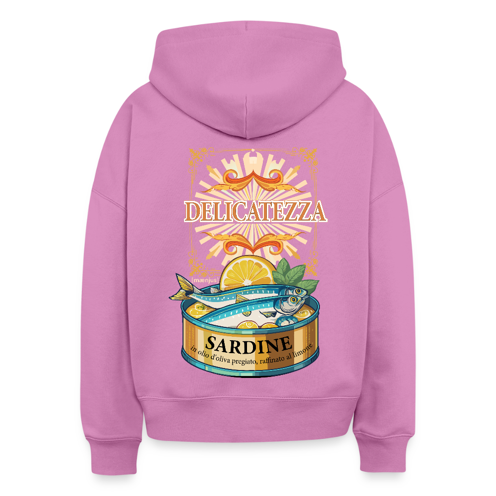 Boxy Frauen Bio Hoodie mit DELIKATEZZA SARDINE PRINT Vorder- und RÜCKSEITE - Pink