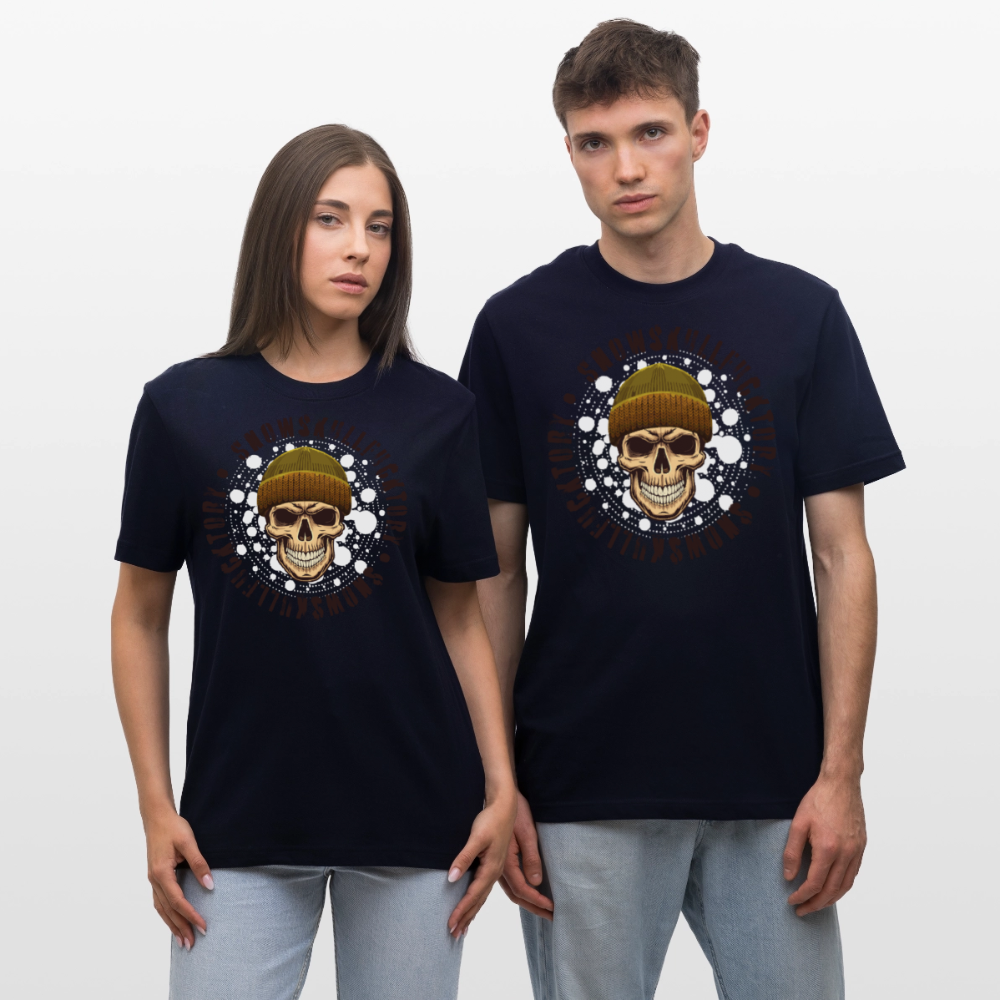Relaxed Fit Unisex Bio-T-Shirt mit SNOWSKULL FUCKTORY PRINT Vorderseite - Navy