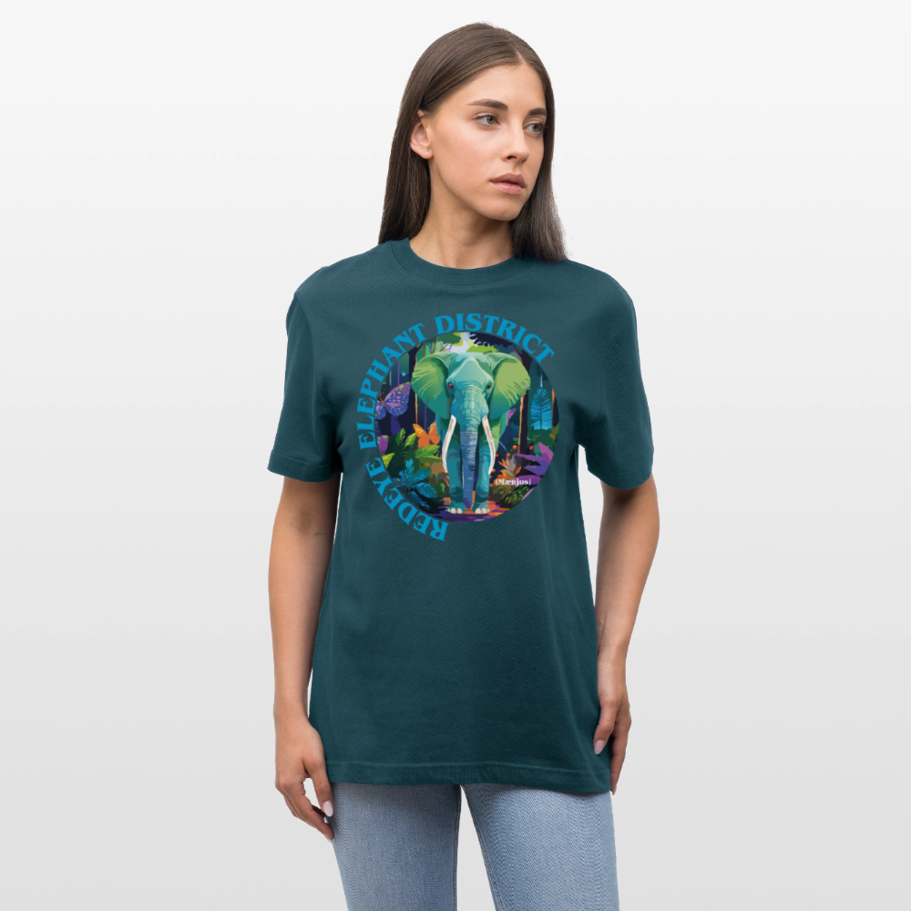 Relaxed Fit Unisex Bio-T-Shirt mit REDEYE ELEPHANT DISTRICT PRINT Vorderseite - Dunkles Petrol