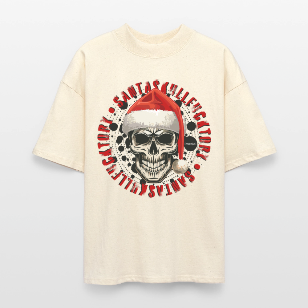 Oversized Unisex Bio T-Shirt mit SANTASKULL FUCKTORY PRINT - Weißgrau