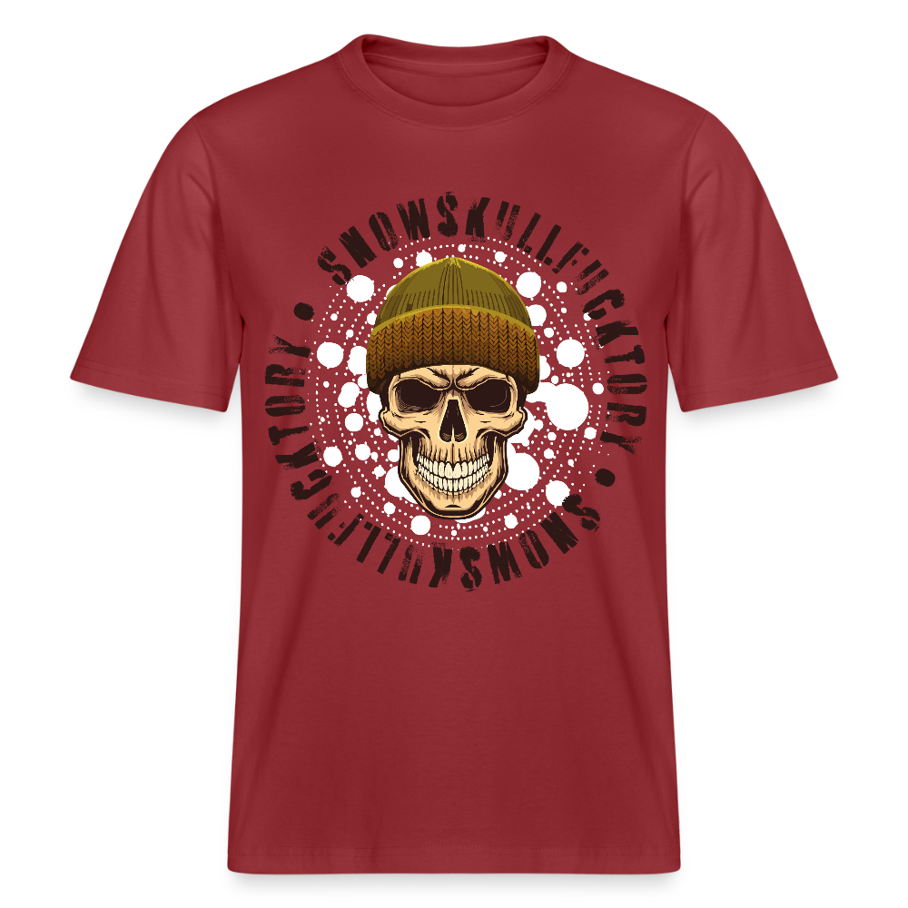 Relaxed Fit Unisex Bio-T-Shirt mit SNOWSKULL FUCKTORY PRINT Vorderseite - Erdrot
