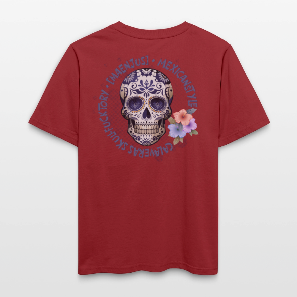 Relaxed Fit Unisex Bio-T-Shirt mit MAENJUS MEXICANSTYLE PRINT Vorder- und Rückseite - Erdrot