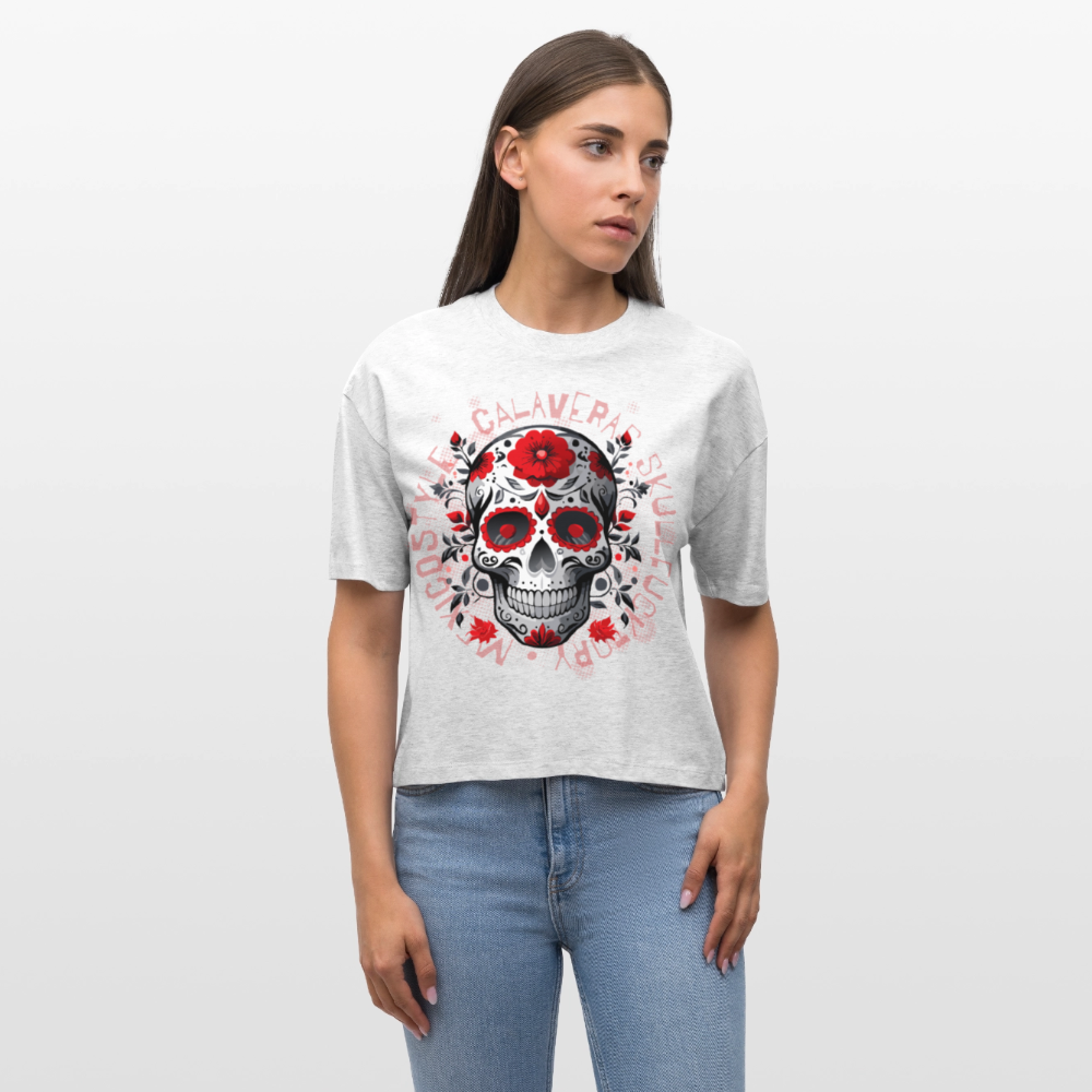 Frauen Boxy Bio-T-Shirt mit CALAVERAS SKULL PRINT - Weiß meliert