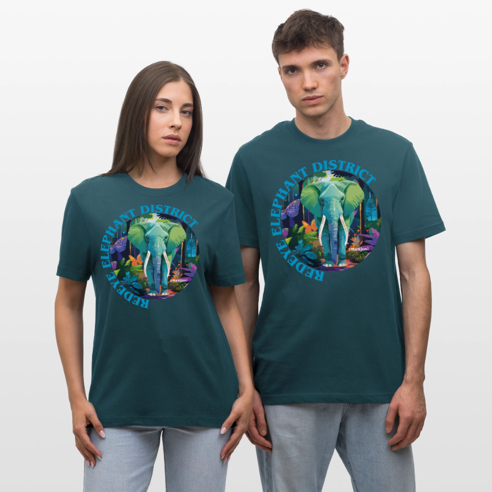 Relaxed Fit Unisex Bio-T-Shirt mit REDEYE ELEPHANT DISTRICT PRINT Vorderseite - Dunkles Petrol