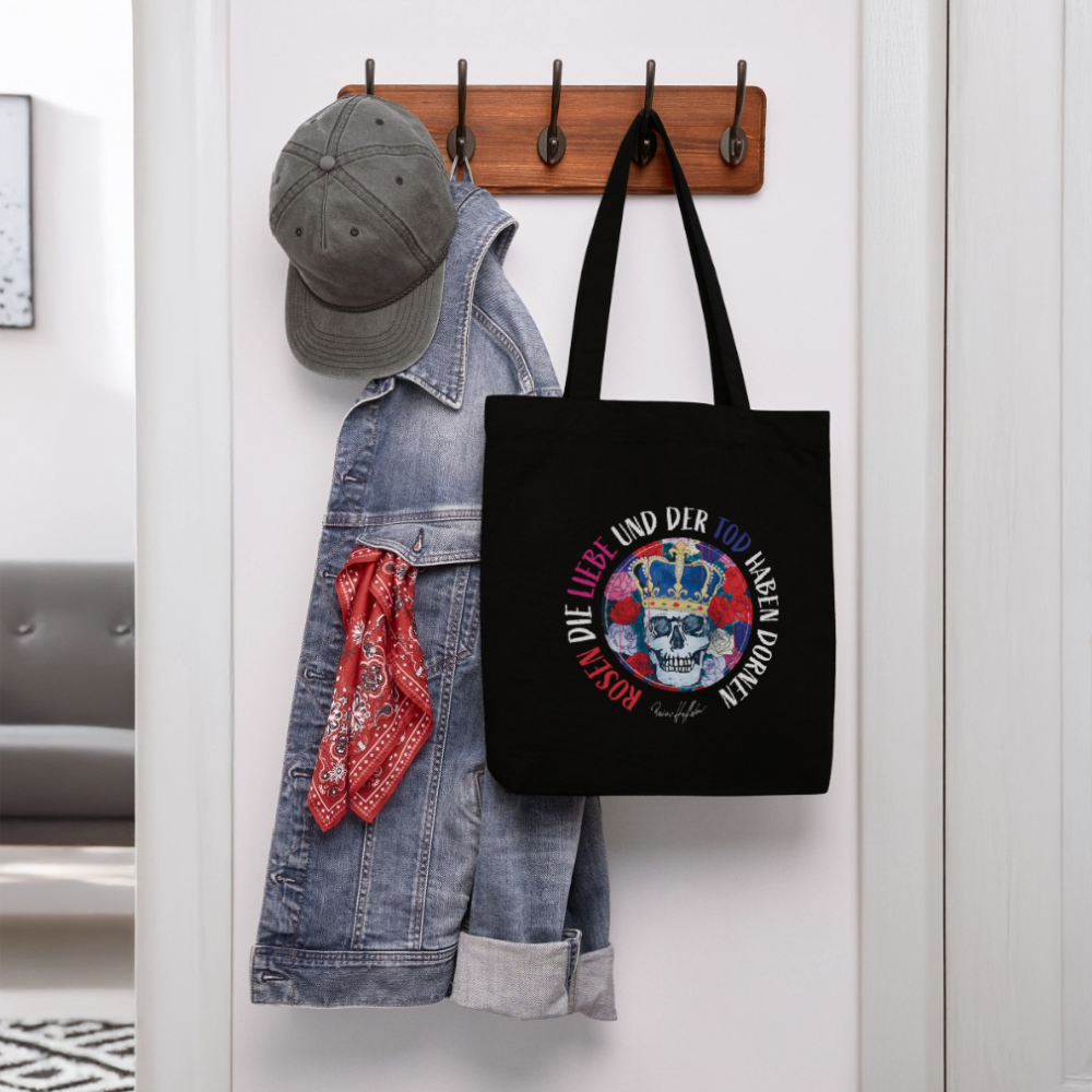 Recycelter Heavyweight Stoffbeutel mit ROSEN DIE LIEBE UND DER TOD HABEN DORNEN PRINT - Schwarz