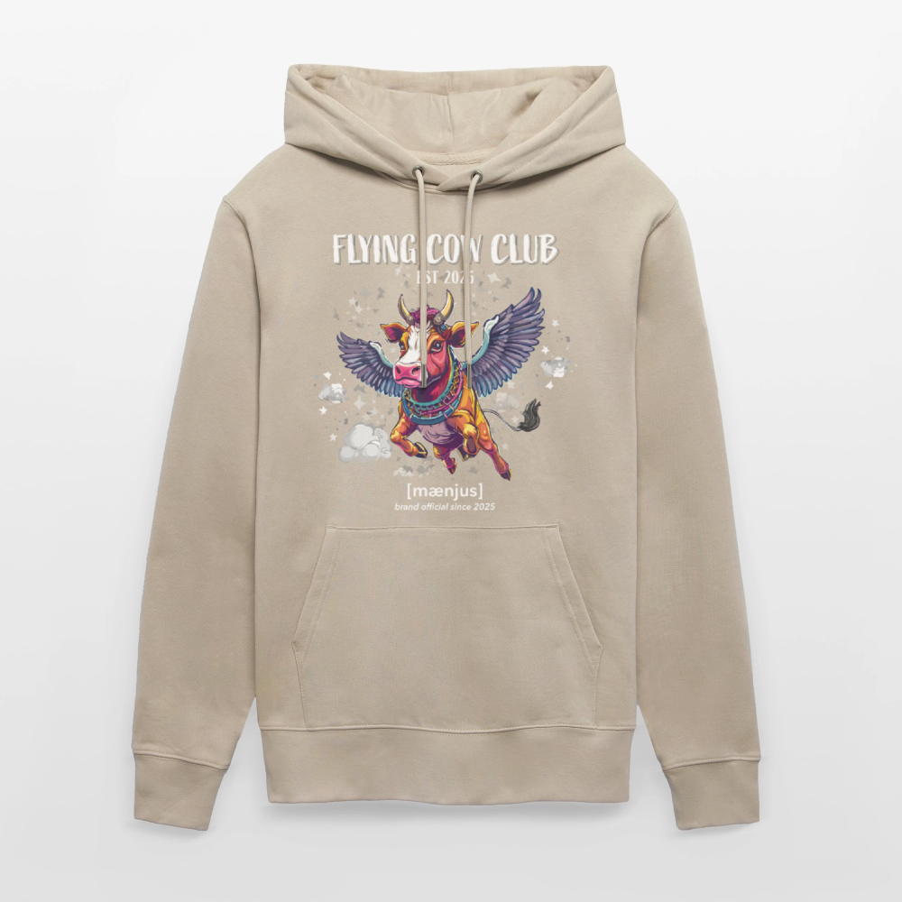 Unisex Bio-Hoodie mit FLYING COW CLUB PRINT Vorderseite - Beige
