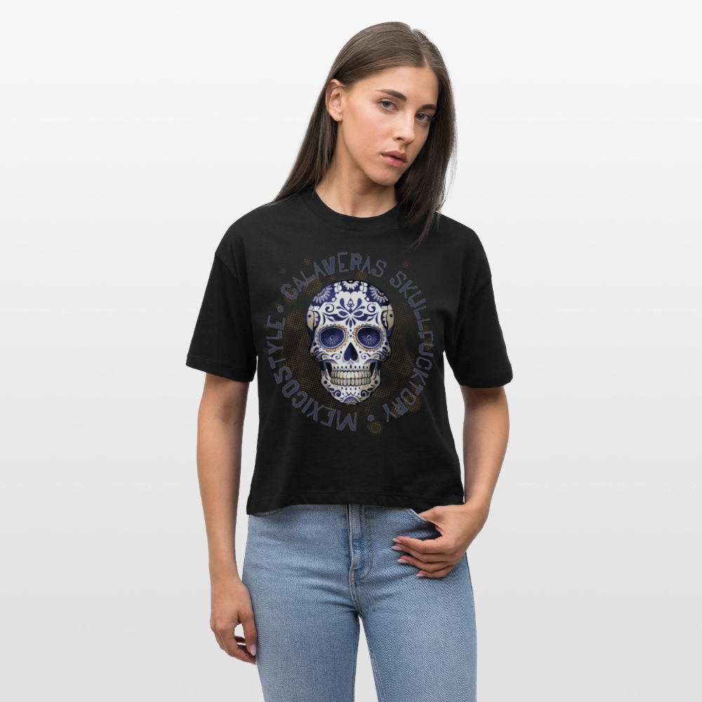 Frauen Boxy Bio-T-Shirt mit CALAVERAS SKULL PRINT - Schwarz