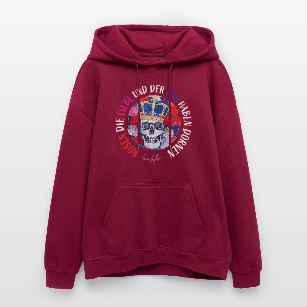 Oversized Unisex Hoodie mit ROSEN DIE LIEBE UND DER TOD HABEN DORNEN PRINT - Burgunderrot