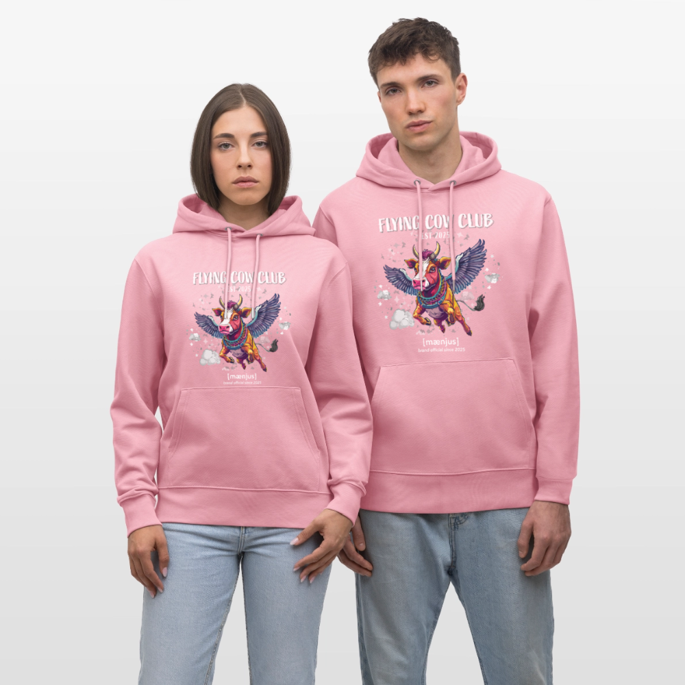 Unisex Bio-Hoodie mit FLYING COW CLUB PRINT Vorderseite - Lila Traum