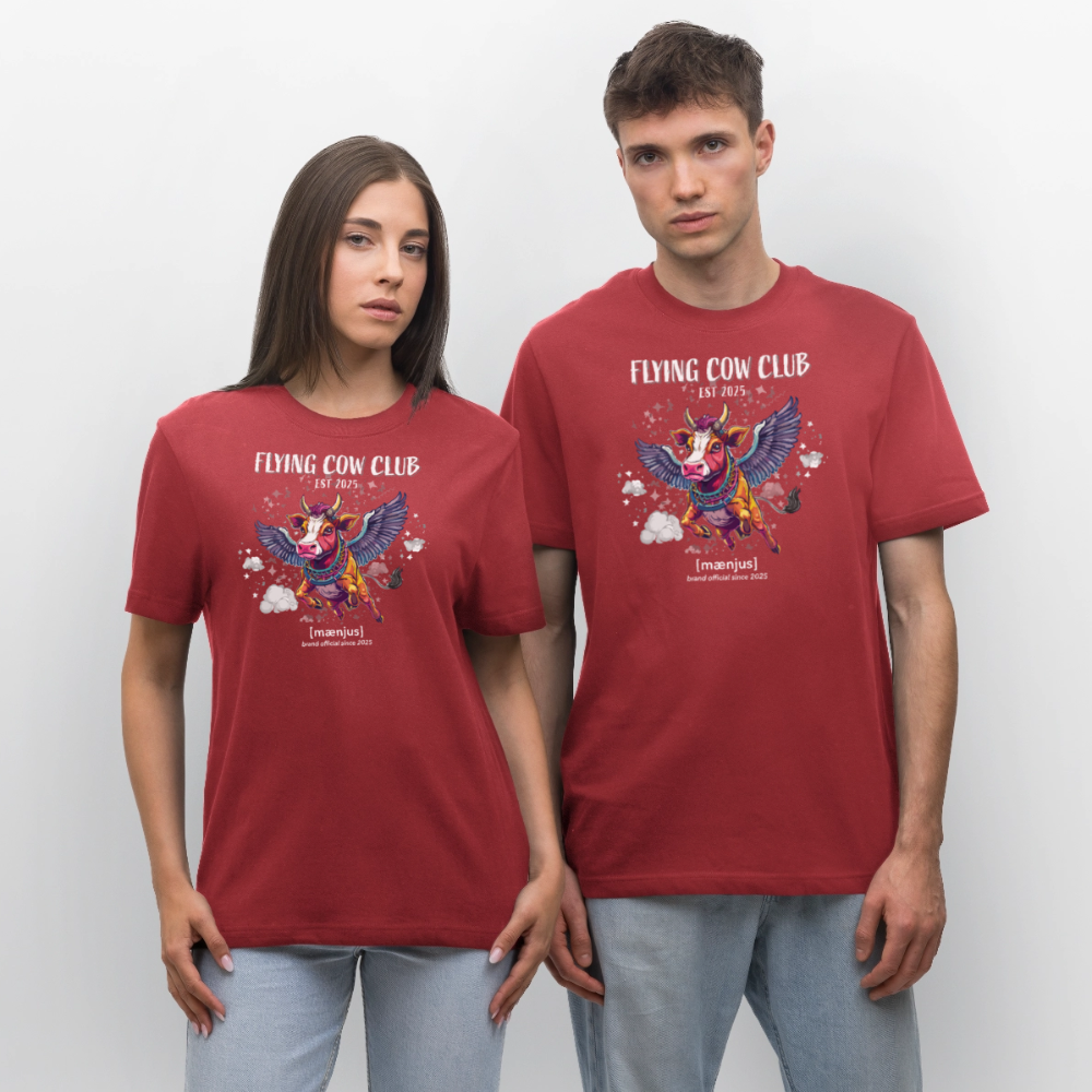 Unisex Bio-T-Shirt mit FLYING COW CLUB PRINT Vorderseite - Erdrot