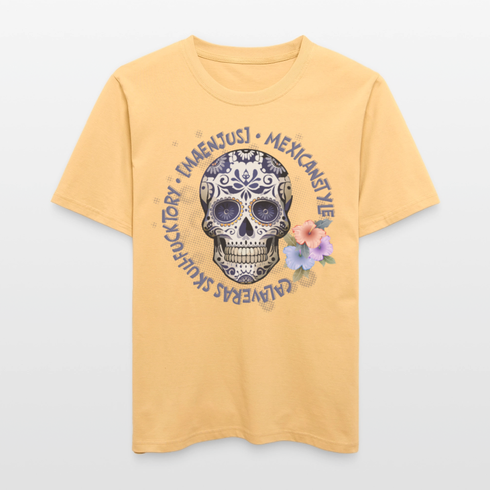 Relaxed Fit Unisex Bio-T-Shirt mit MAENJUS MEXICANSTYLE PRINT Vorderseite - Hellgelb
