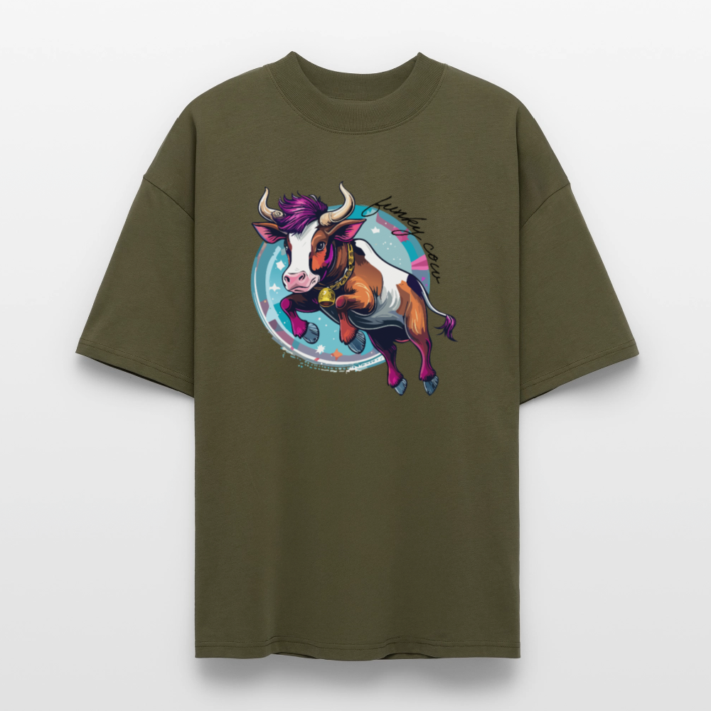 Oversized Unisex T-Shirt mit FUNKY COW PRINT - Khaki