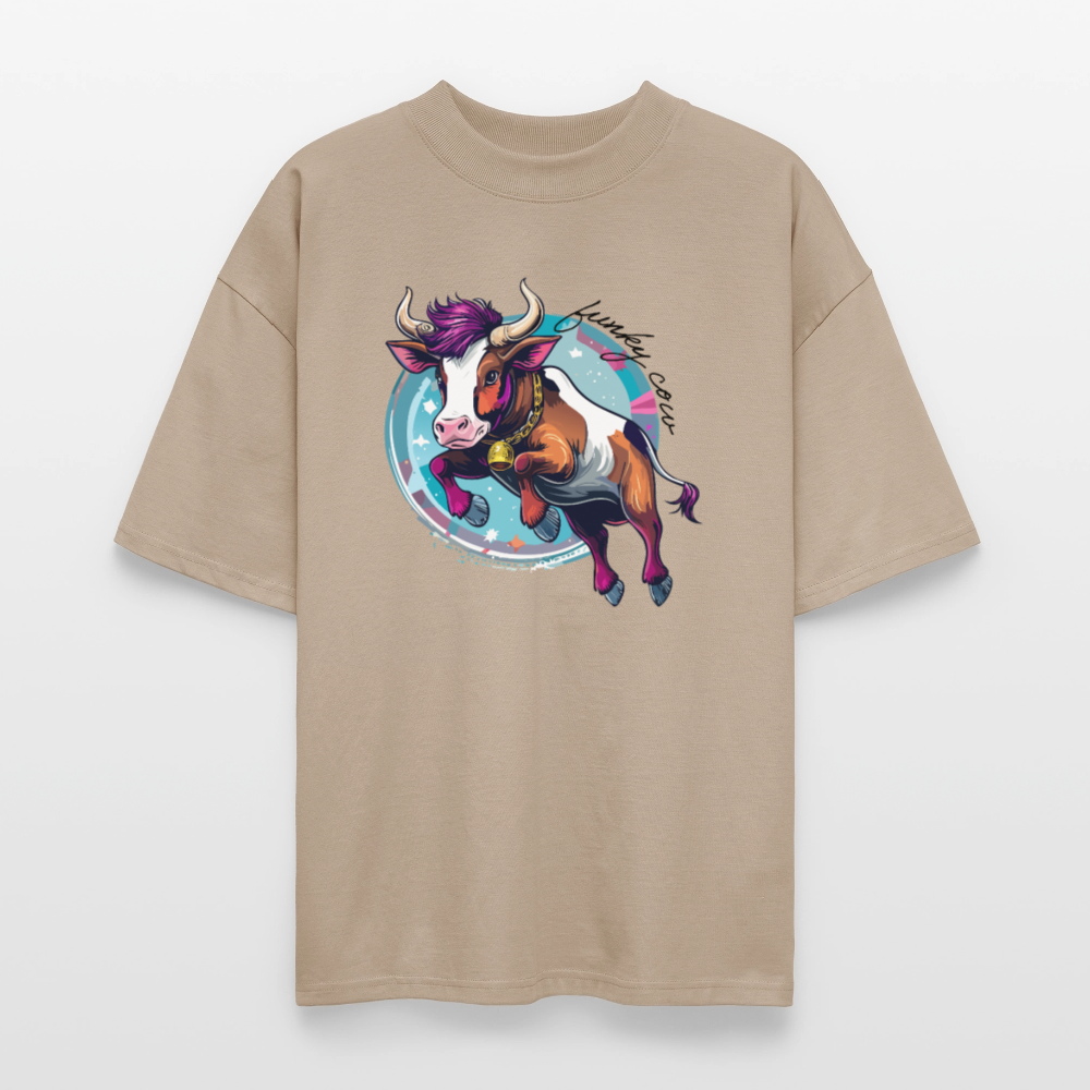 Oversized Unisex T-Shirt mit FUNKY COW PRINT - Steingrau