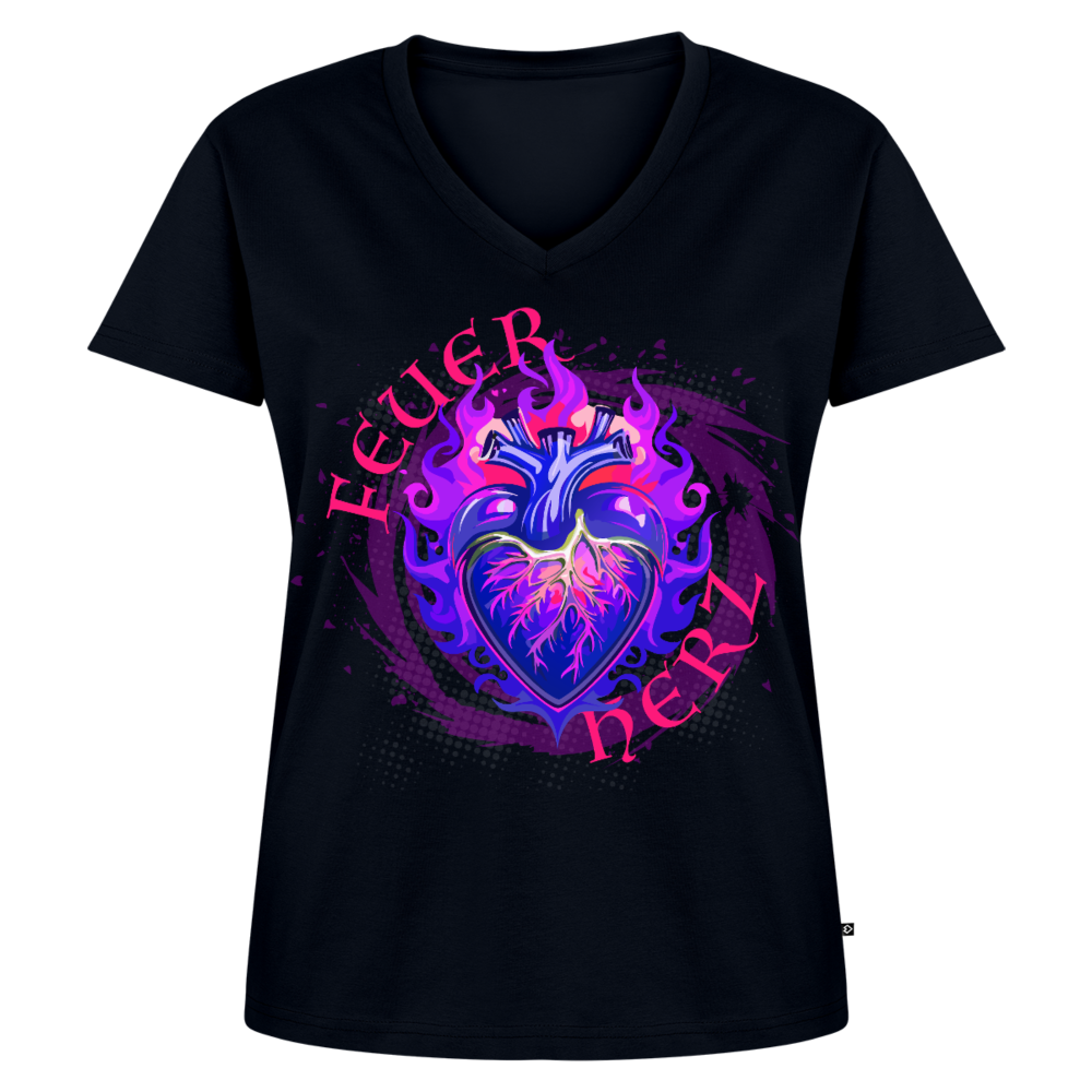 Frauen Bio-T-Shirt mit V-Ausschnitt mit FEUERHERZ LILA PRINT - Navy