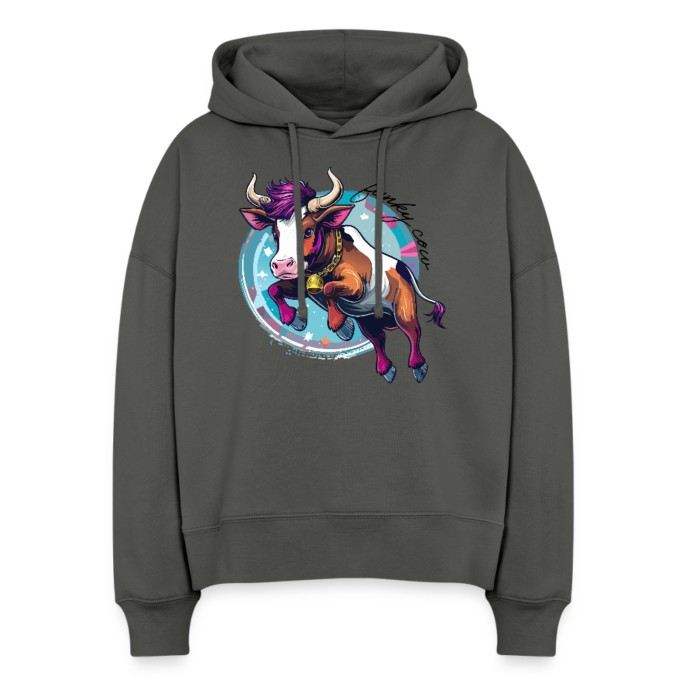 Boxy Frauen Bio Hoodie mit FUNKY COW PRINT - Anthrazit