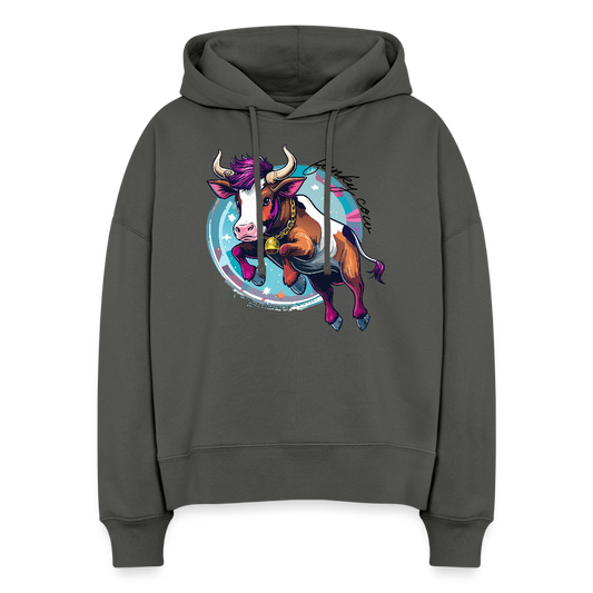 Boxy Frauen Bio Hoodie mit FUNKY COW PRINT - Anthrazit
