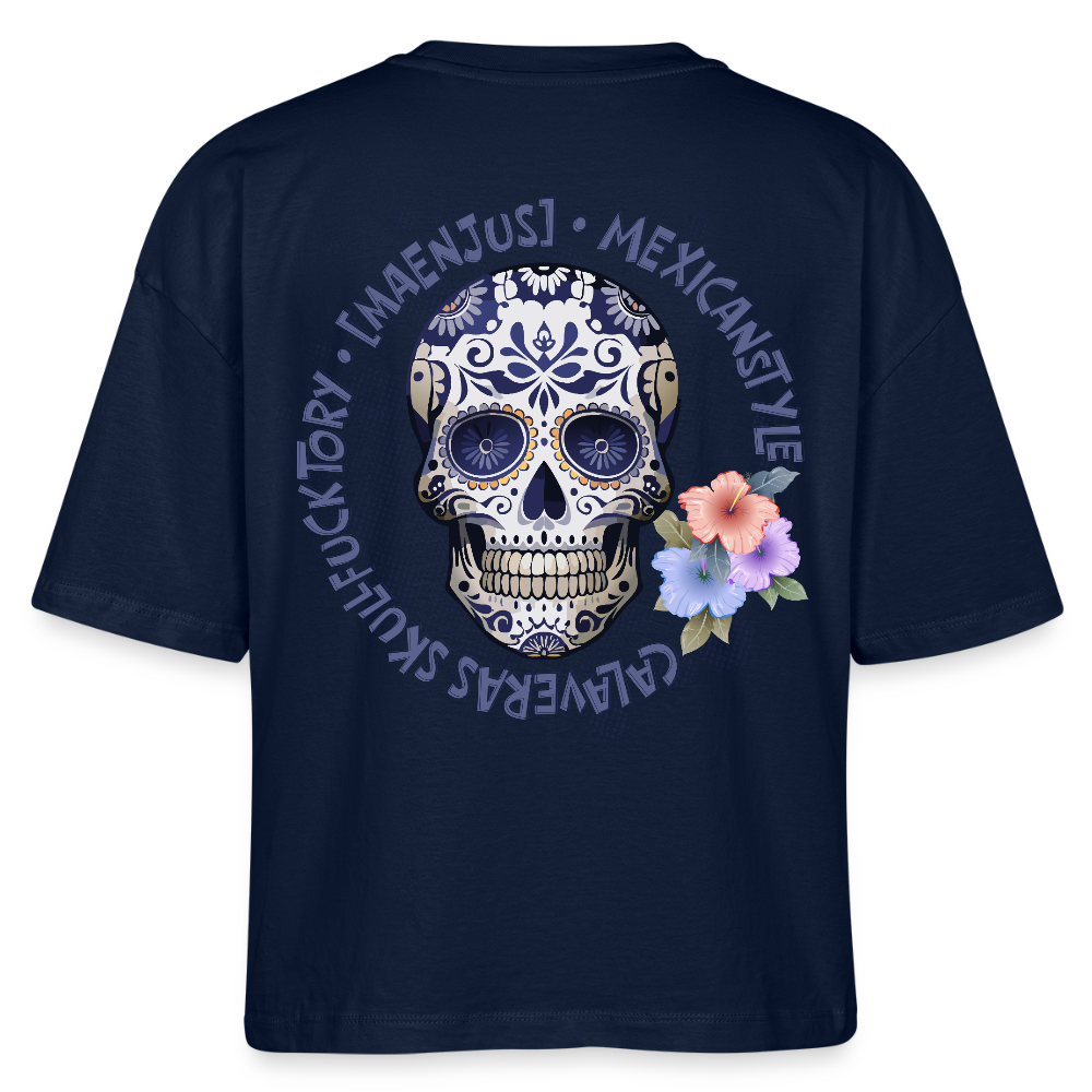 Frauen Boxy Bio-T-Shirt mit MAENJUS MEXICANSTYLE PRINT Vorder- und Rückseite - Navy