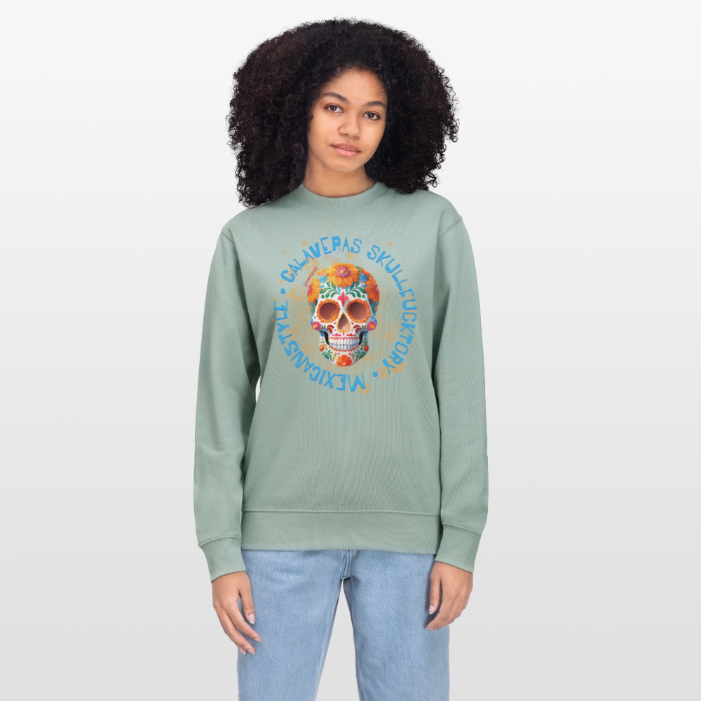 Unisex Bio-Sweatshirt mit CALAVERAS SKULL PRINT - Helles Graugrün