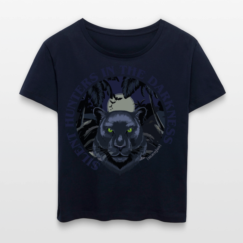 Relaxed Rundhals Frauen Bio-T-Shirt mit SILENT HUNTERS IN THE DARKNESS PRINT Vorderseite - Navy