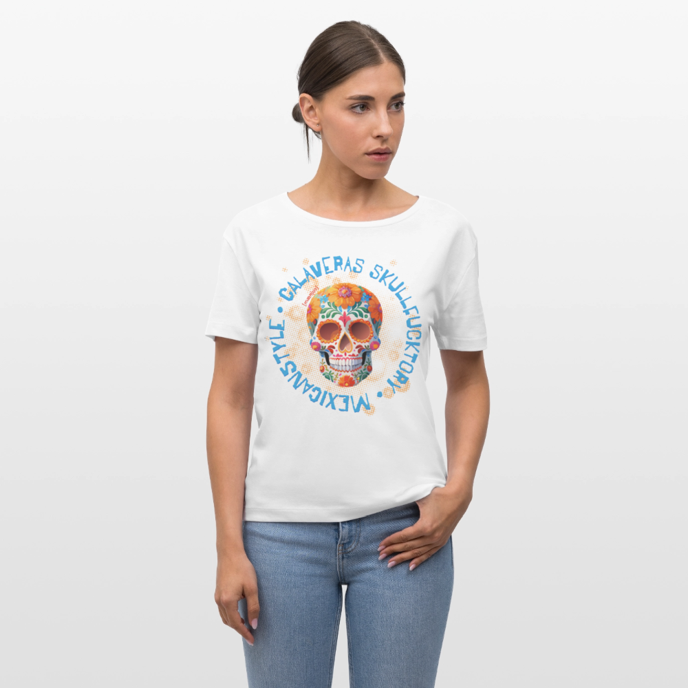 Relaxed Rundhals Frauen Bio-T-Shirt mit CALAVERAS SKULL PRINT - Weiß
