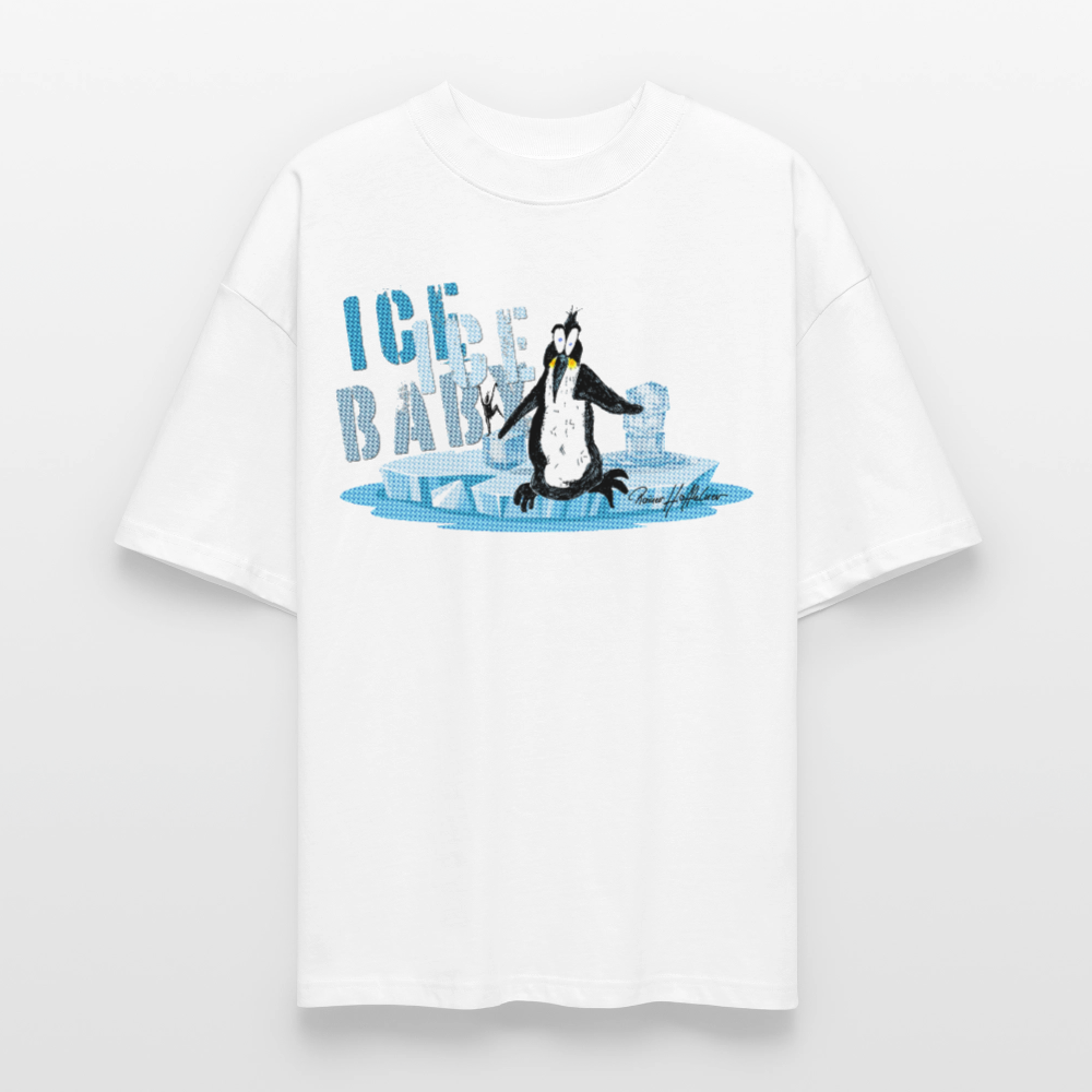 Oversized Unisex Bio T-Shirt mit ICE ICE BABY PINGUIN PRINT - Weiß