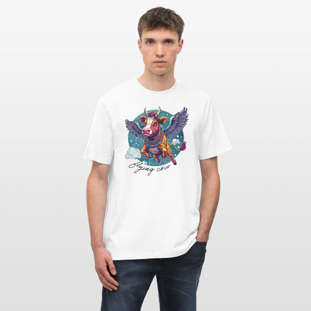 Relaxed Fit Unisex Bio-T-Shirt mit FLYING COW PRINT Vorderseite - Weiß