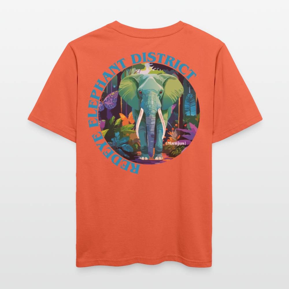 Relaxed Fit Unisex Bio-T-Shirt mit REDEYE ELEPHANT DISTRICT PRINT Vorder- und Rückseite - Hellrot