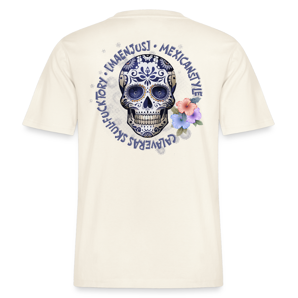 Relaxed Fit Unisex Bio-T-Shirt mit MAENJUS MEXICANSTYLE PRINT Vorder- und Rückseite - Naturweiß