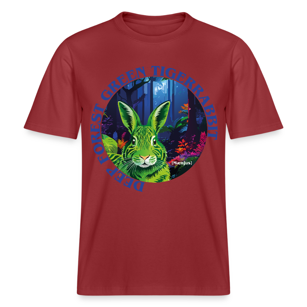 Relaxed Fit Unisex Bio-T-Shirt mit DEEP FOREST GREEN TIGERRABBIT PRINT Vorderseite - Erdrot