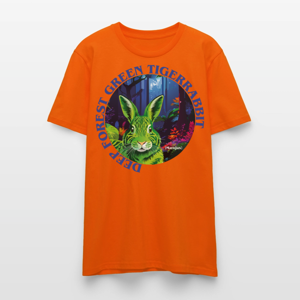 Unisex T-Shirt mit DEEP FOREST GREEN TIGERRABBIT PRINT Vorderseite - Tieforange