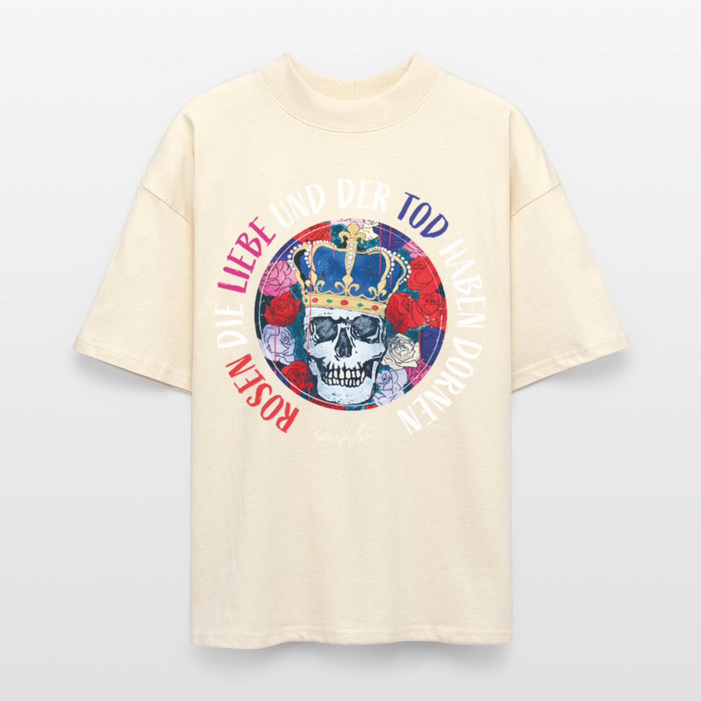 Oversized Unisex T-Shirt mit ROSEN DIE LIEBE UND DER TOD HABEN DORNEN PRINT - Weißgrau