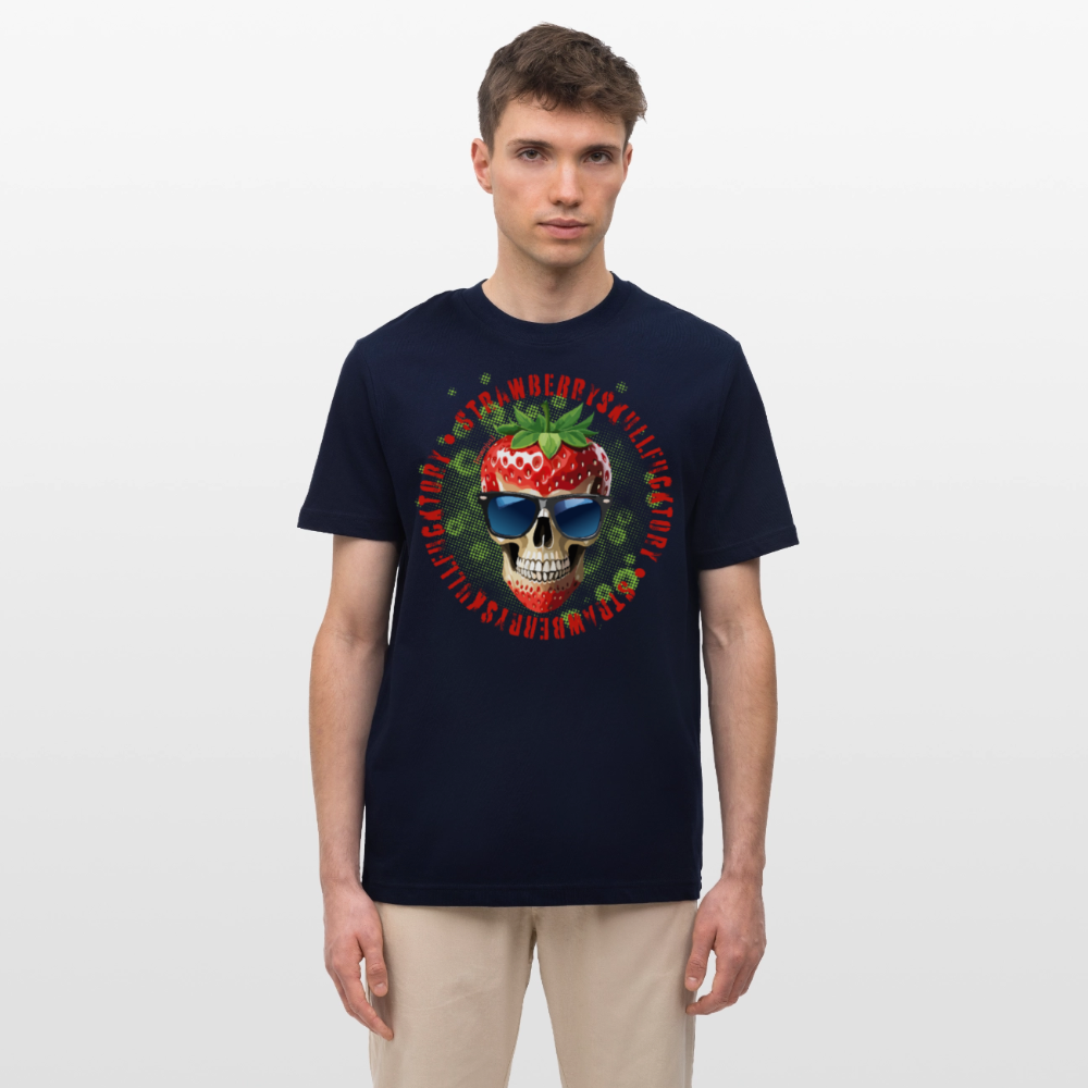 Relaxed Fit Unisex Bio-T-Shirt mit STRAWBERRY SKULL PRINT Vorderseite - Navy