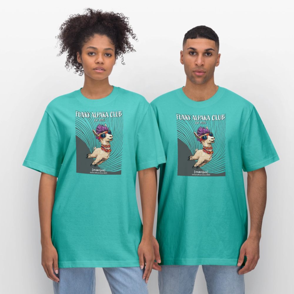 Unisex Bio-T-Shirt mit FUNKY ALPAKA CLUB PRINT Vorderseite - Poolblau