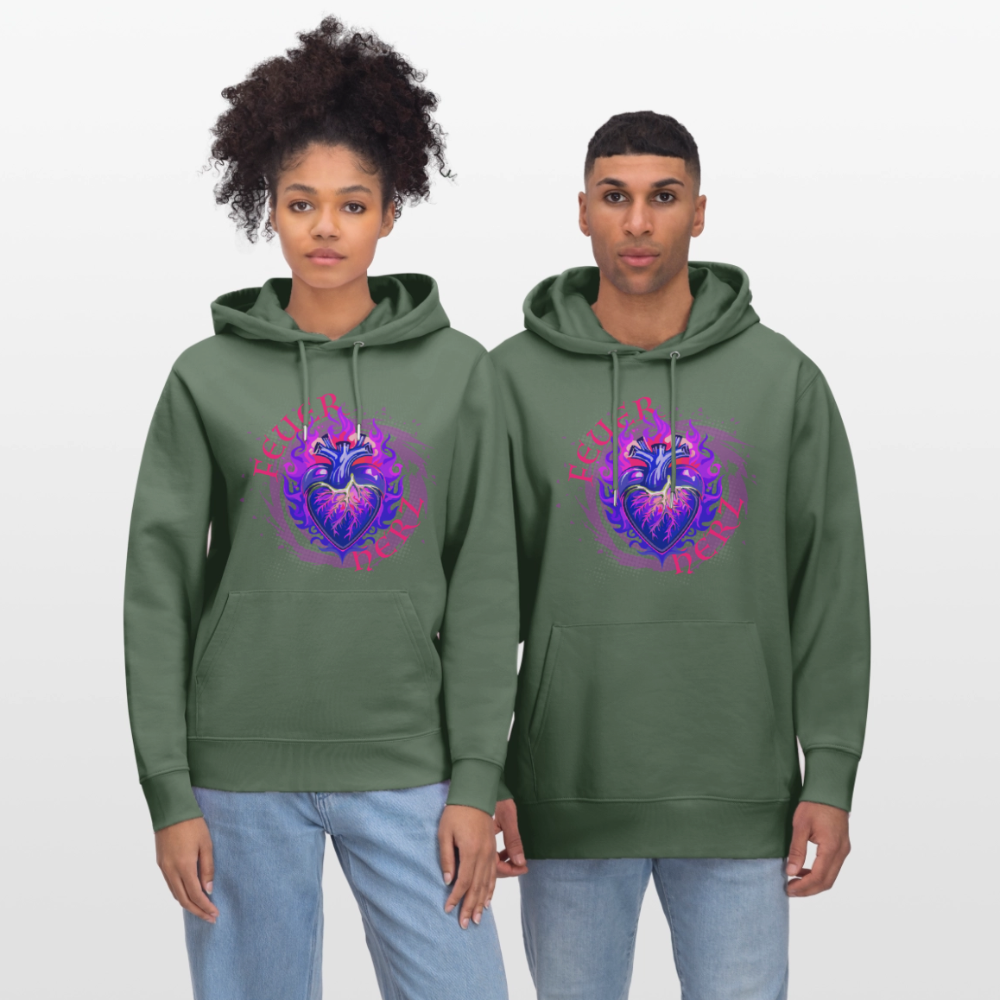 Unisex Bio-Hoodie mit FEUERHERZ LILA PRINT - Tanngrün