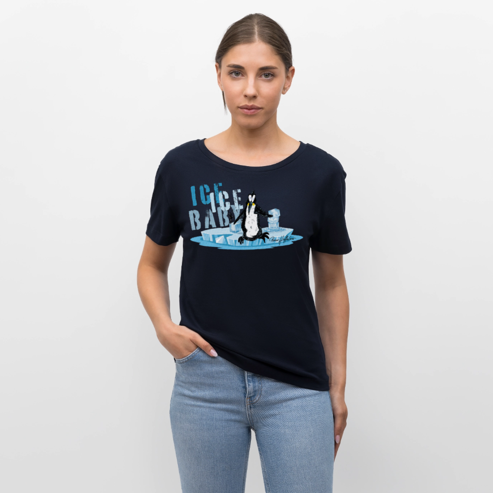 Relaxed Rundhals Frauen Bio-T-Shirt mit ICE ICE BABY PINGUIN PRINT - Navy
