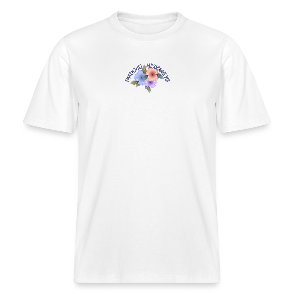 Relaxed Fit Unisex Bio-T-Shirt mit MAENJUS MEXICANSTYLE PRINT Vorder- und Rückseite - Weiß