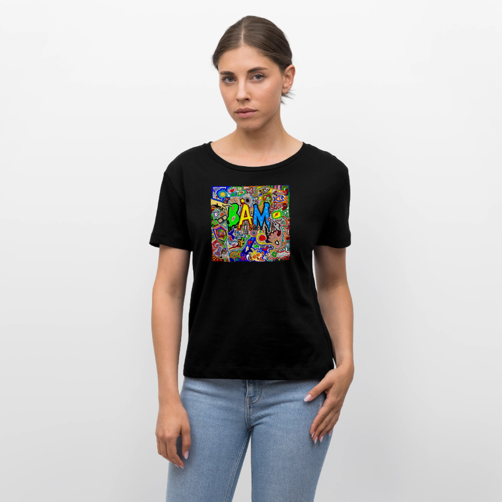 Relaxed Rundhals Frauen Bio-T-Shirt mit BÄM PRINT - Schwarz