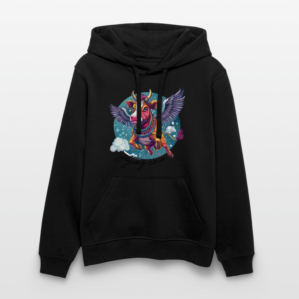 Unisex Bio-Hoodie mit FLYING COW PRINT Vorderseite - Schwarz