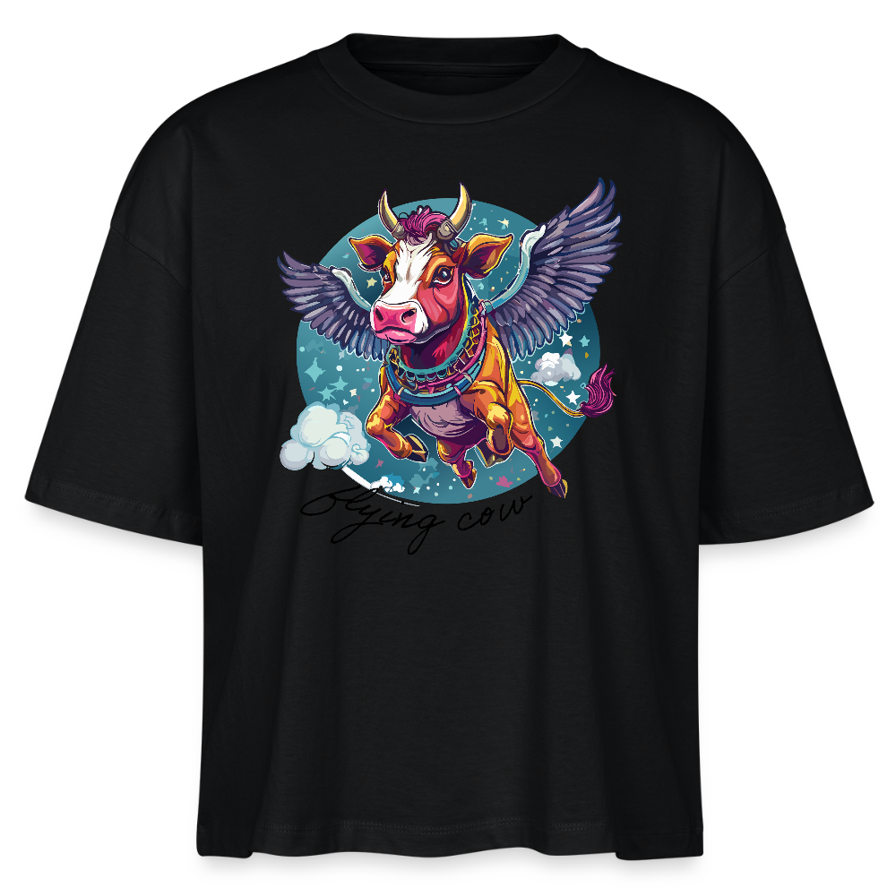 Frauen Boxy Bio-T-Shirt mit FLYING COW PRINT - Schwarz